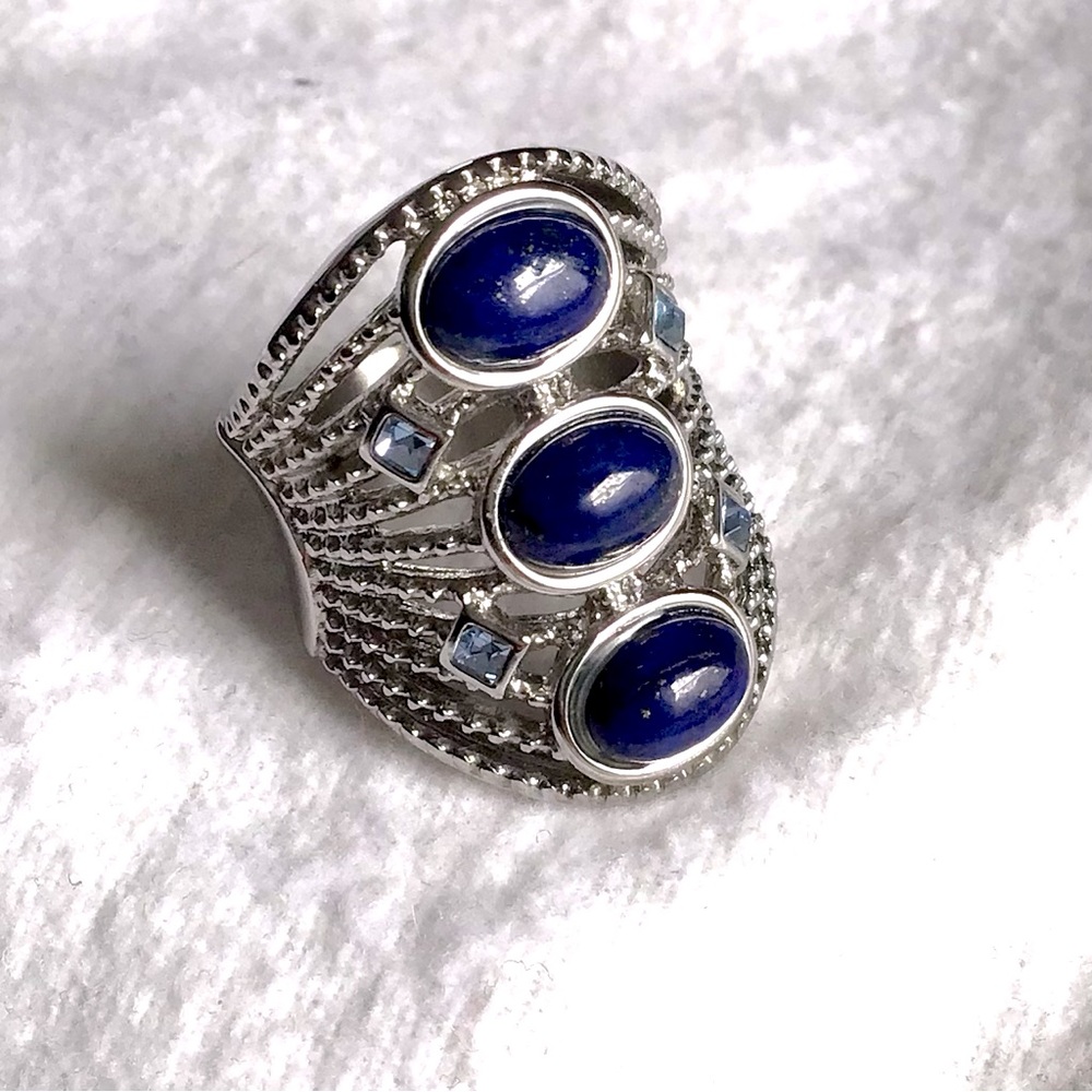 Lapis Lazuli 3 Stone Ring With Blue Austrian Crystal in Stainless Steel - Picture 2 of 6